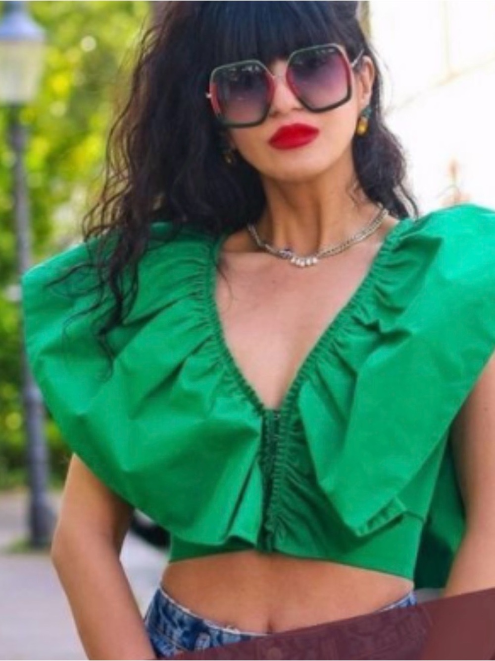 Zara Emerald Ruffle V-Neck Crop Top